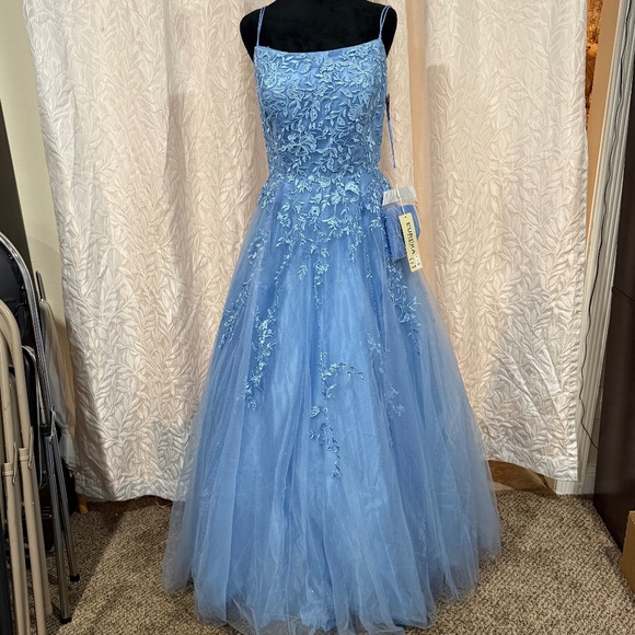 Eureka Dresses & Skirts - BABY BLUE ball gown w/ floral pattern and corcet back maxi prom bridsmaid Dress